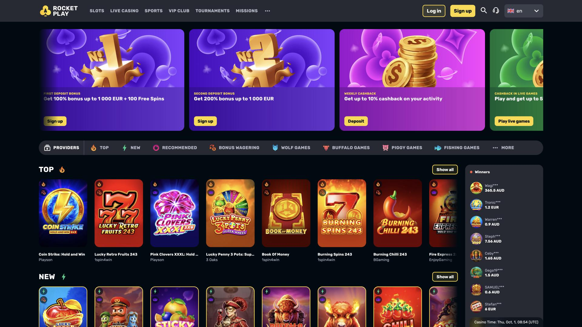 Screenshot of the RocketPlay website